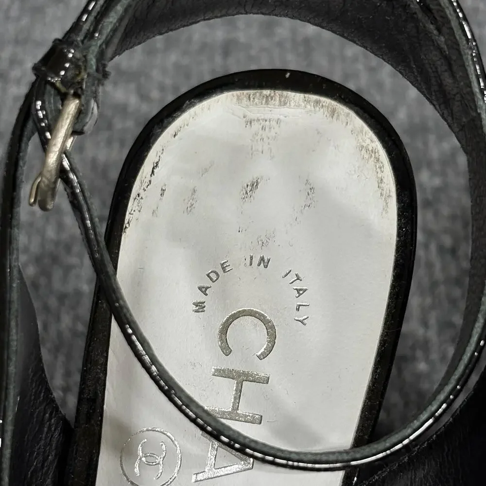 Chanel Sandals Womens 6 36 Black Patent Camellia Flower Logo Italy Heel Strappy